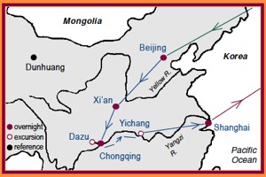 Feng Shui Map Access China Tours Map of Feng Shui China Tour with stops in Beijing, Xian, Dazu, Chongging, Yichang and Shanghai