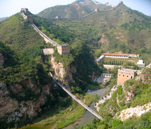 Great Wall of China going across a river
