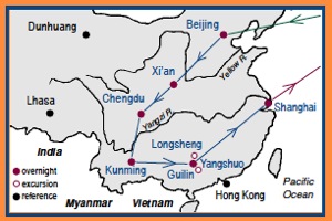 Access China Tours Map for Han Tour that goes to Beijing, Xian, Chengdu, Kunming, Guilin and Shanghai
