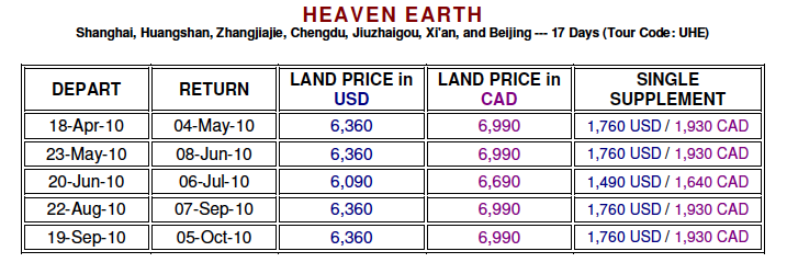 Heaven Earth China Tour Prices and dates 2010