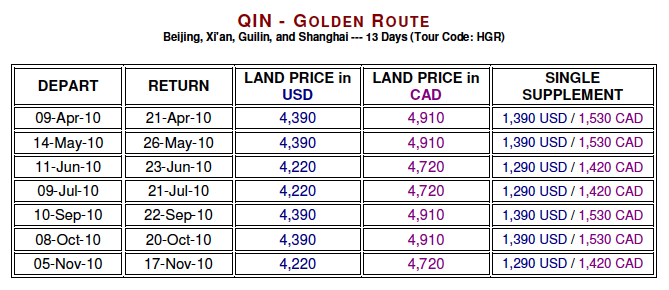 Qin Golden Route prices and dates 2010