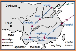 Access China Tours route for Qin Tour through Beijing, Xian, Guilin, Longsheng and Shanghai Map