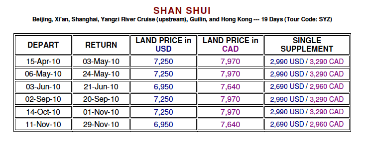 Shan Shui Tour Prices and Dates