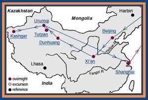 Access China Tours, Silk Road Tour Map with stops in Beijing, Xian, Dunhuang, Turpan, Urumqi, Kashgar and Shanghai