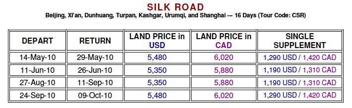Silk Road Prices and Tour Dates 2010