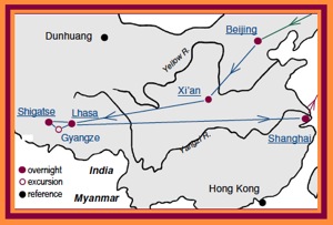 Access China Tours Tibet Tour Map with stops in Lhasa, Shigatse, Gyangze and Shanghai