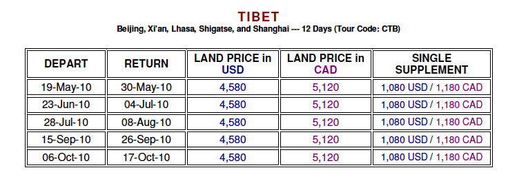 Tibet Tour Dates and Prices 2010