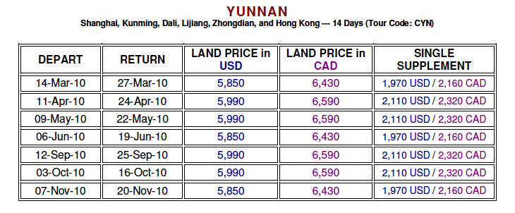 Yunnan Tour Prices and Dates